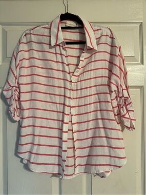 Chico's White Button-Down Shirt with Pink Stripes